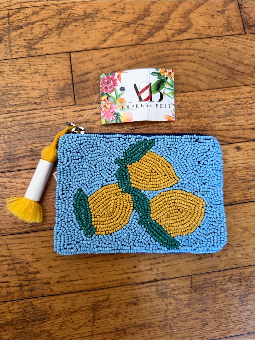 Express Edit Beaded Pouch Coin Purse Mini Bag Lemon Design Zip Closure